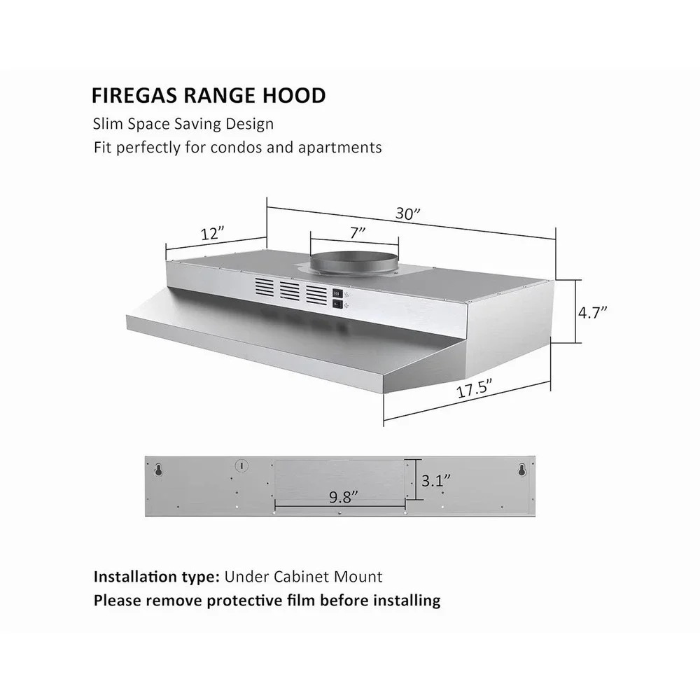 FIREGAS 30‎ Inch Under Cabinet Range Hood Stainless Steel 300 CFM 2 Speed